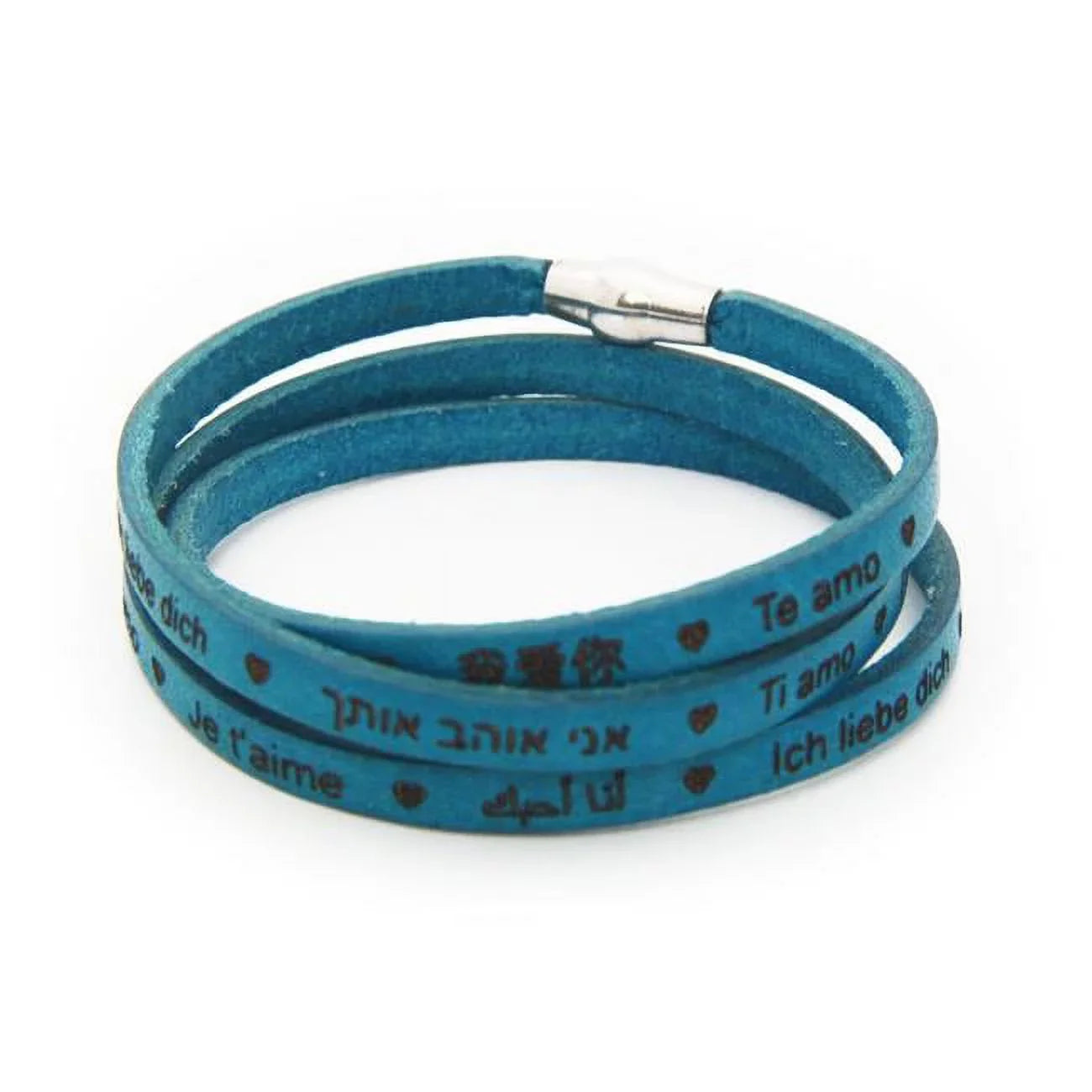 Fronay   Love You Genuine Italian Leather Wrap Bracelet Engraved 23 Languages - 925 Silver - Blue