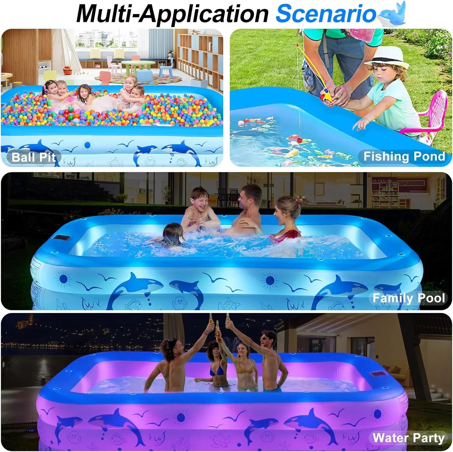 Inflatable Pool with Lights, 2024 Upgraded Family Inflatable Swimming Pool for Kids,Adults, Blow up Pool Solar Powered, Large Kiddle Pool, 105"x65"x25''Oversized Thickened Pool for Backyard