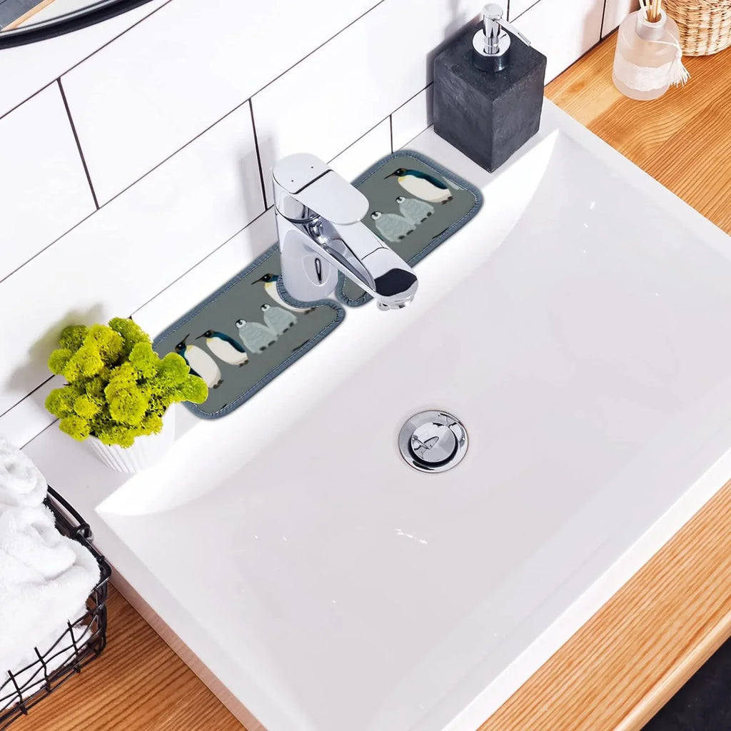 3PCS Faucet Absorbent Mat, Sea Bird Penguin Washable Sink Splash Guard Drip Catcher, Kitchen Bath Countertop Microfiber Sink Drying Mats for Kitchen