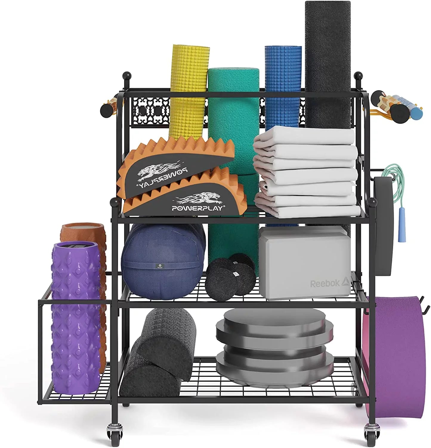 & Yoga Mat Storage Racks, Home Gym Storage Rack for Organizing Kettlebells Dumbbells Foam Roller, All-in-One Workout Equipment Storage Organizer with Hooks and Wheels, Yoga Strap and Resistance Band