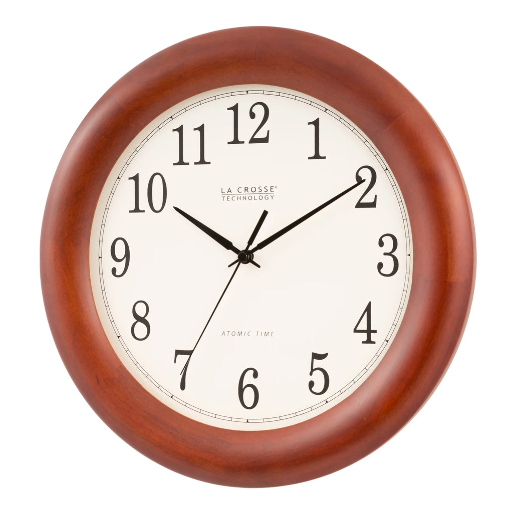 La Crosse Technology 12.5 Inch Cherry finish Oak Wood Atomic Analog Clock, -3122A-Int