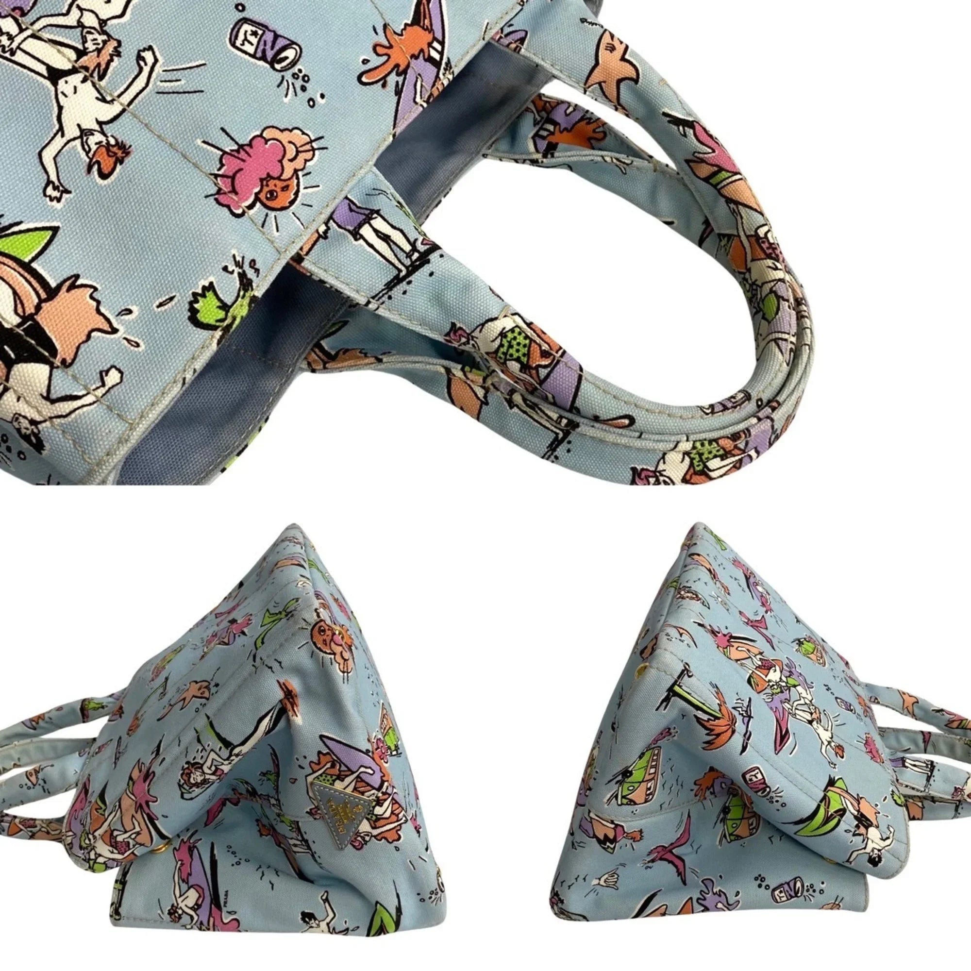 Pre-Owned  Prada Triangle Canapa Surfing Pattern Canvas Handbag Tote Bag Blue Multicolor 25905 (Good)
