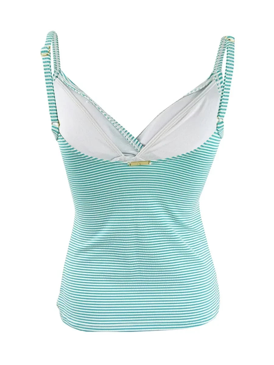 Women's Aqua Striped Seersucker Removable Cups Lined Ruffled Adjustable Surplice Tankini Swimsuit Top 6