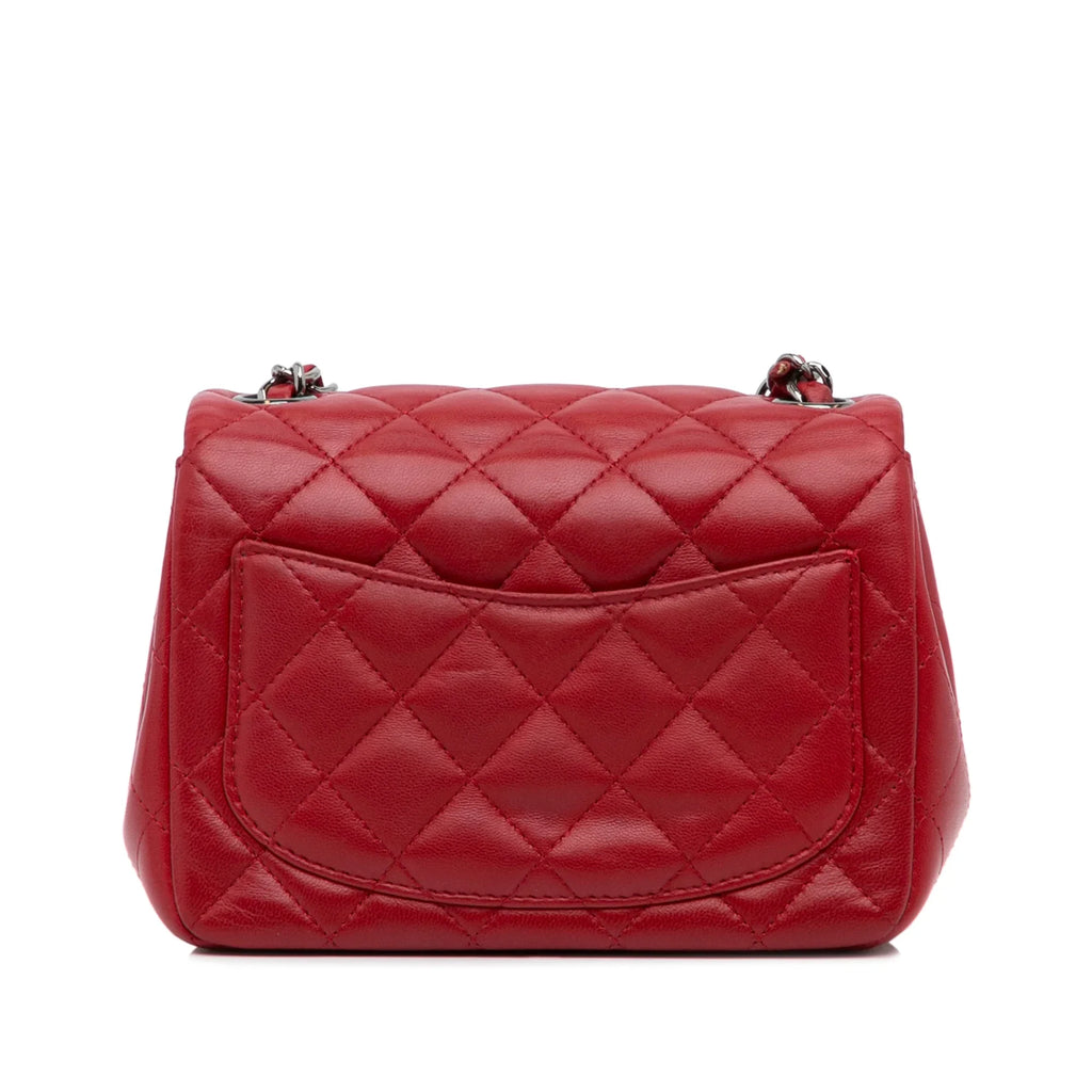 Pre-Owned Authenticated Chanel Mini Classic Lambskin Square Single Flap Leather Red Crossbody Bag Unisex (Good)