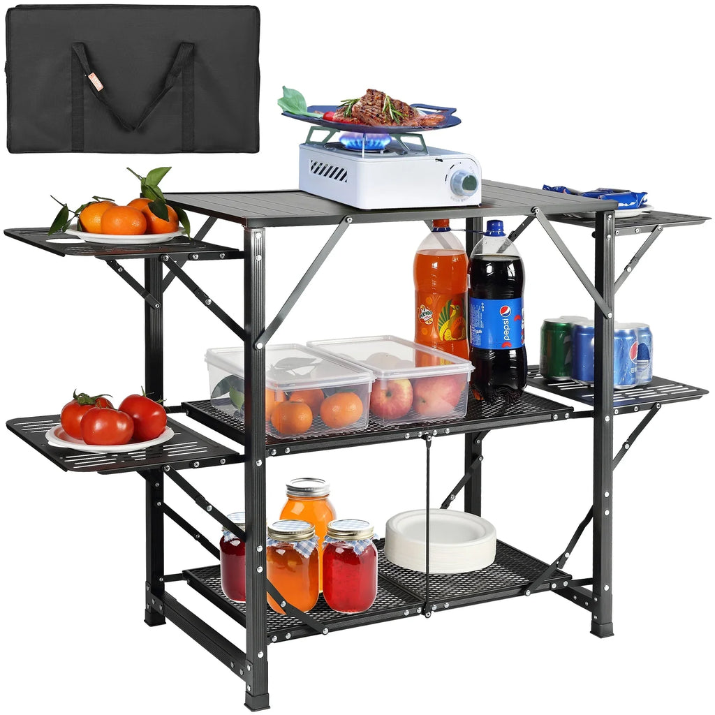 Folding Portable Cook Station 5 Tables & 2 Shelves Camping Kitchen Table