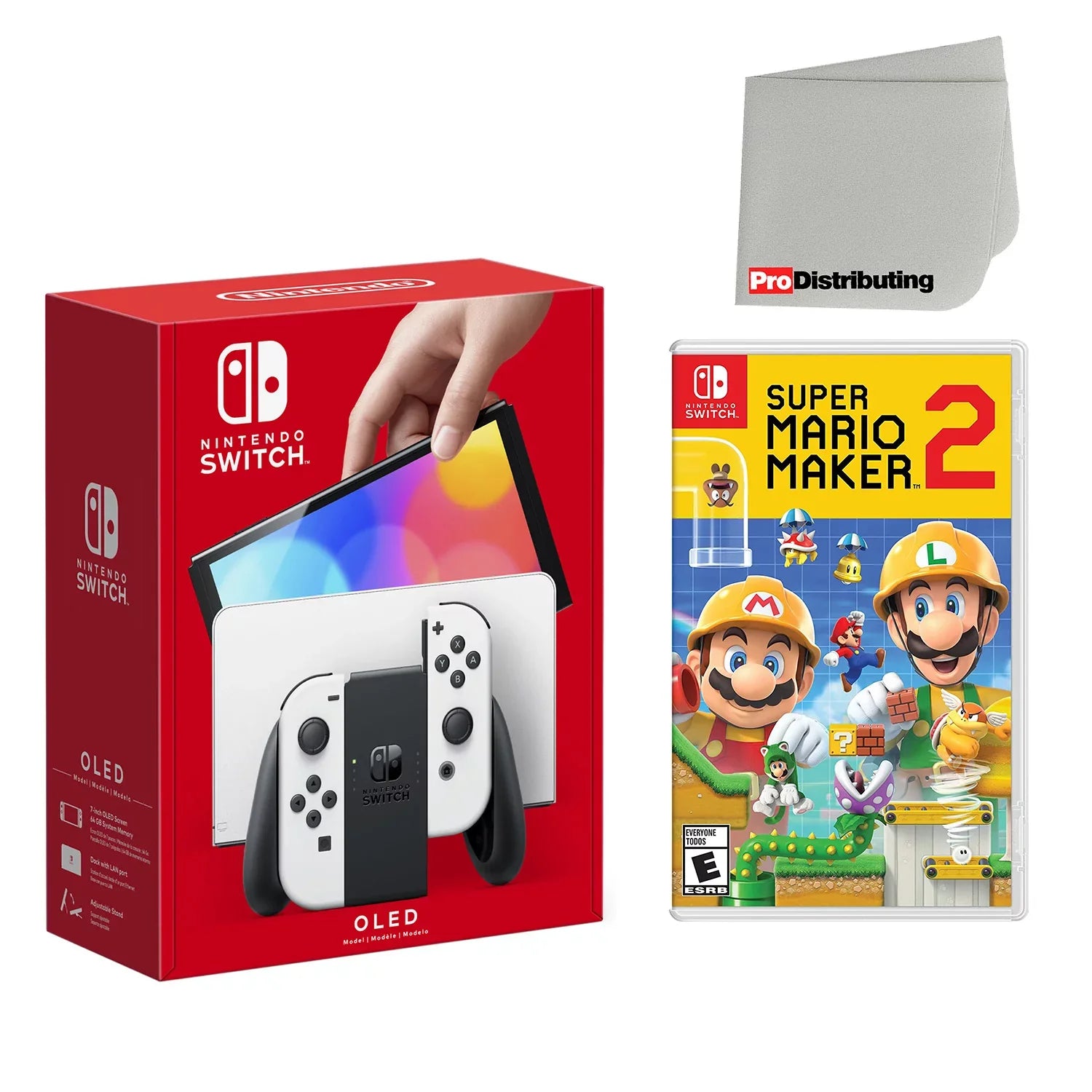 Nintendo Switch  Console White with Super Mario Maker 2 and Screen Cleaning Cloth
