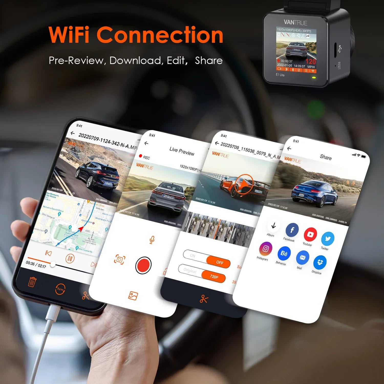 Vantrue  Mini Compact Voice Control Dash Cam 1920  1080P, WiFi Car camera with Dual  System, 24/7 Parking Mode, -Sensor, 160° Wide Angle, Support 512GB Max (  Lite)