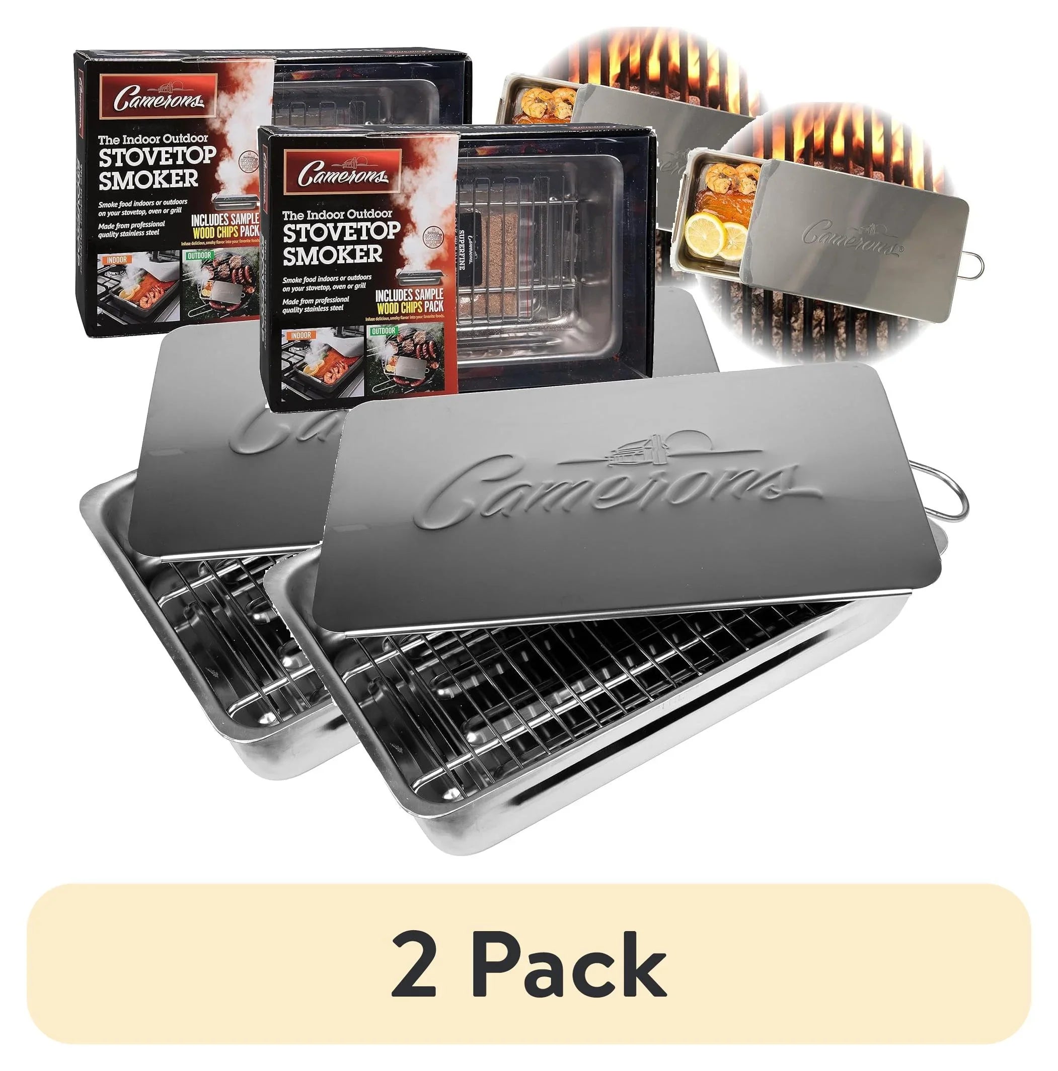 (2 pack) Camerons Indoor Outdoor Stovetop Smoker - Stainless Steel Barbecue Smoker Box w/ Oak Wood Chips & Recipes - Works On Any Heat Source, Stovetop or  Grill for Smoking Meats - Grilling Gift for Men
