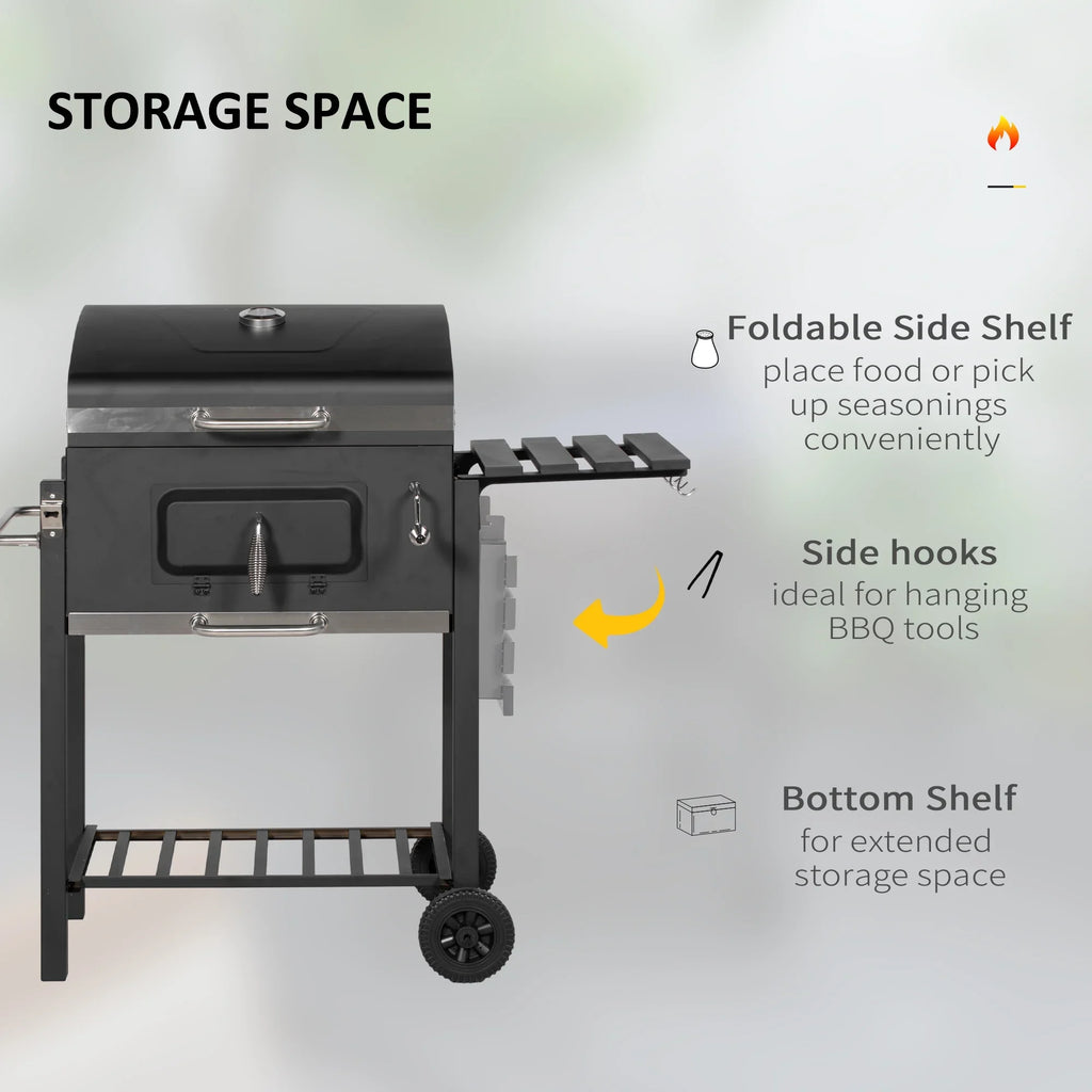 Homiyad Charcoal  Grill, Outdoor Portable Cooker for Camping Or Backyard Picnic with Side Table, Bottom Storage Shelf, Wheels and Handle, Black