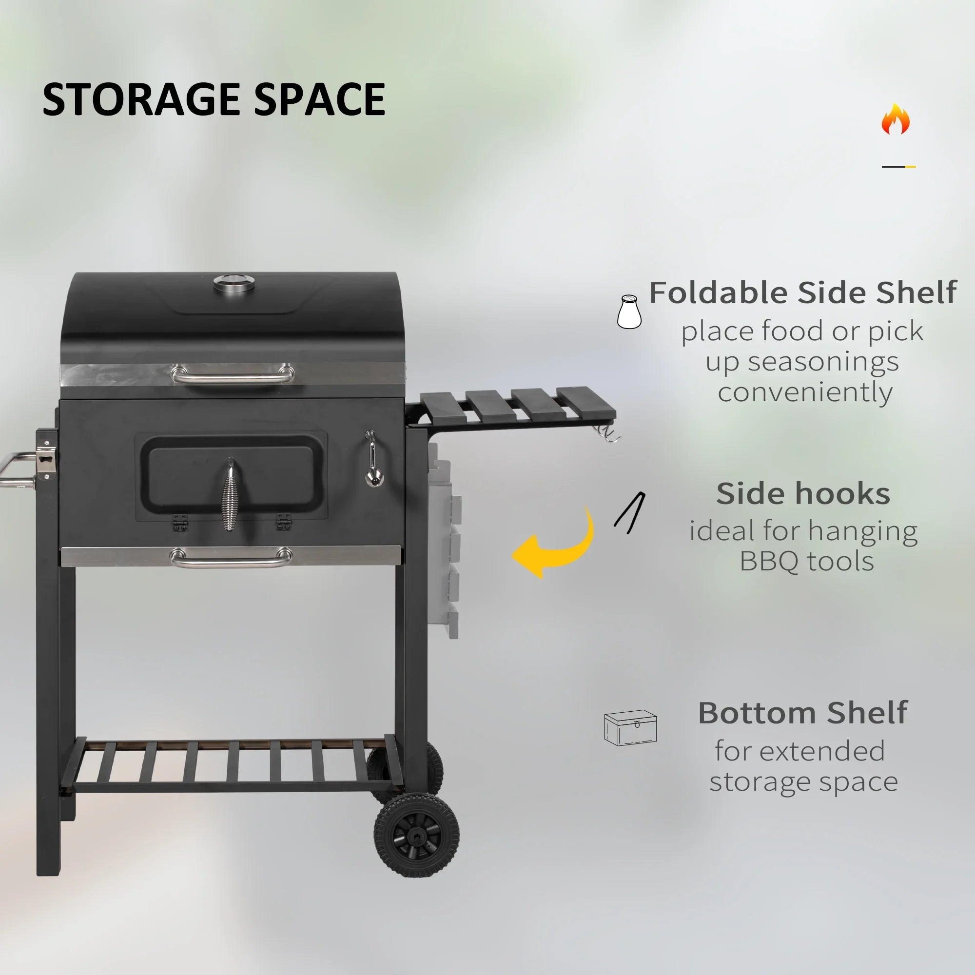 Homiyad Charcoal  Grill, Outdoor Portable Cooker for Camping Or Backyard Picnic with Side Table, Bottom Storage Shelf, Wheels and Handle, Black