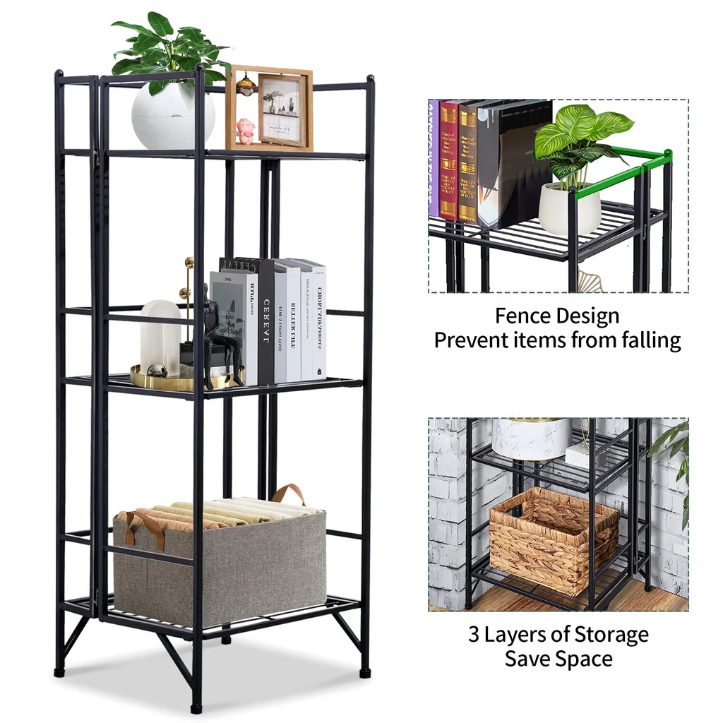 3 Tier Wide Folding Metal Shelf, Metal Storage Rack, 13 x 11 x 33" Wire Shelving Unit, Heavy Duty Kitchen Organizer Shelf, Black