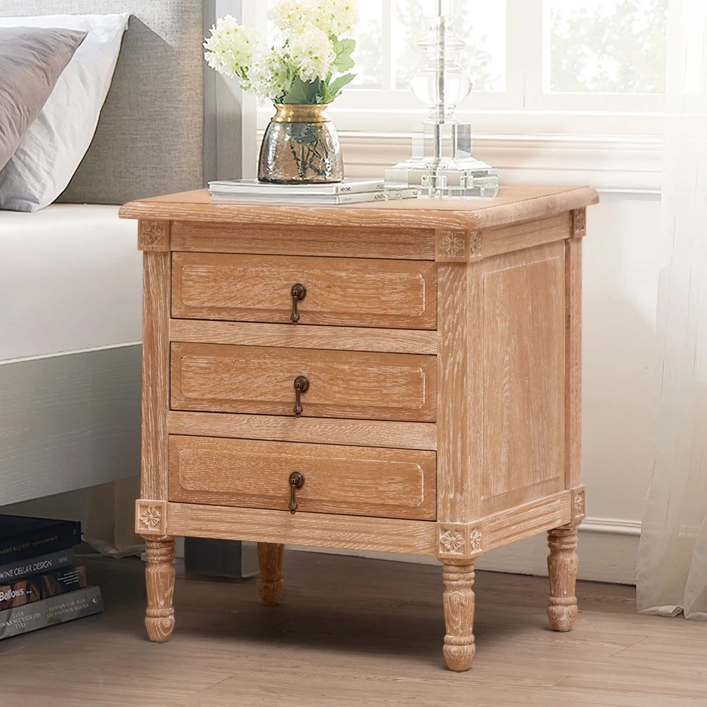 Pellebant Oak Nightstand with 3 Drawers Bedroom Furniture