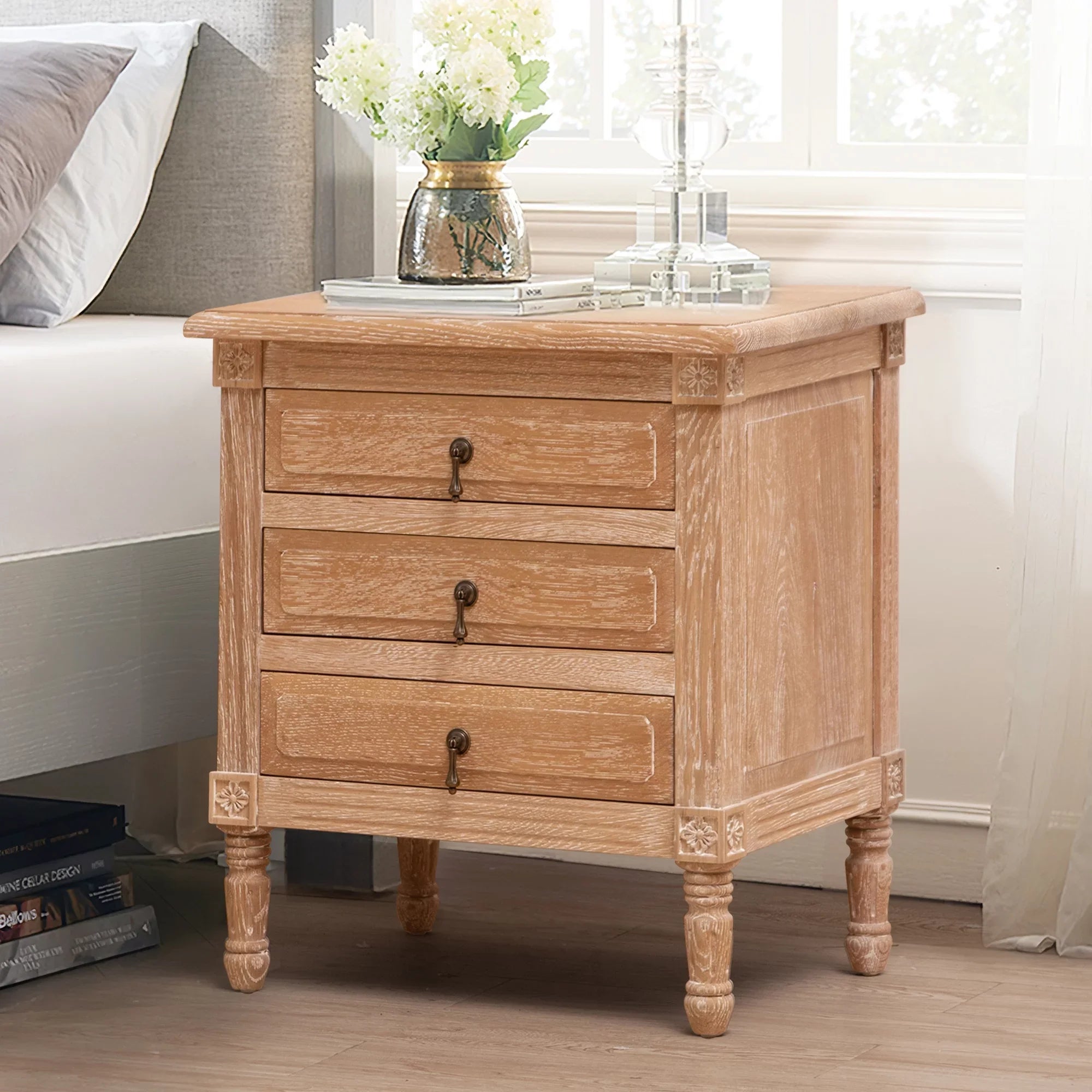 Pellebant Oak Nightstand with 3 Drawers Bedroom Furniture
