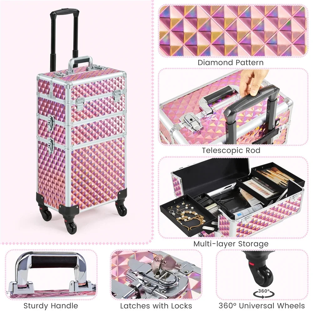 Topeakmart 3-in-1 Rolling Makeup Train Case Cosmetic Trolley with Large Storage, Pink