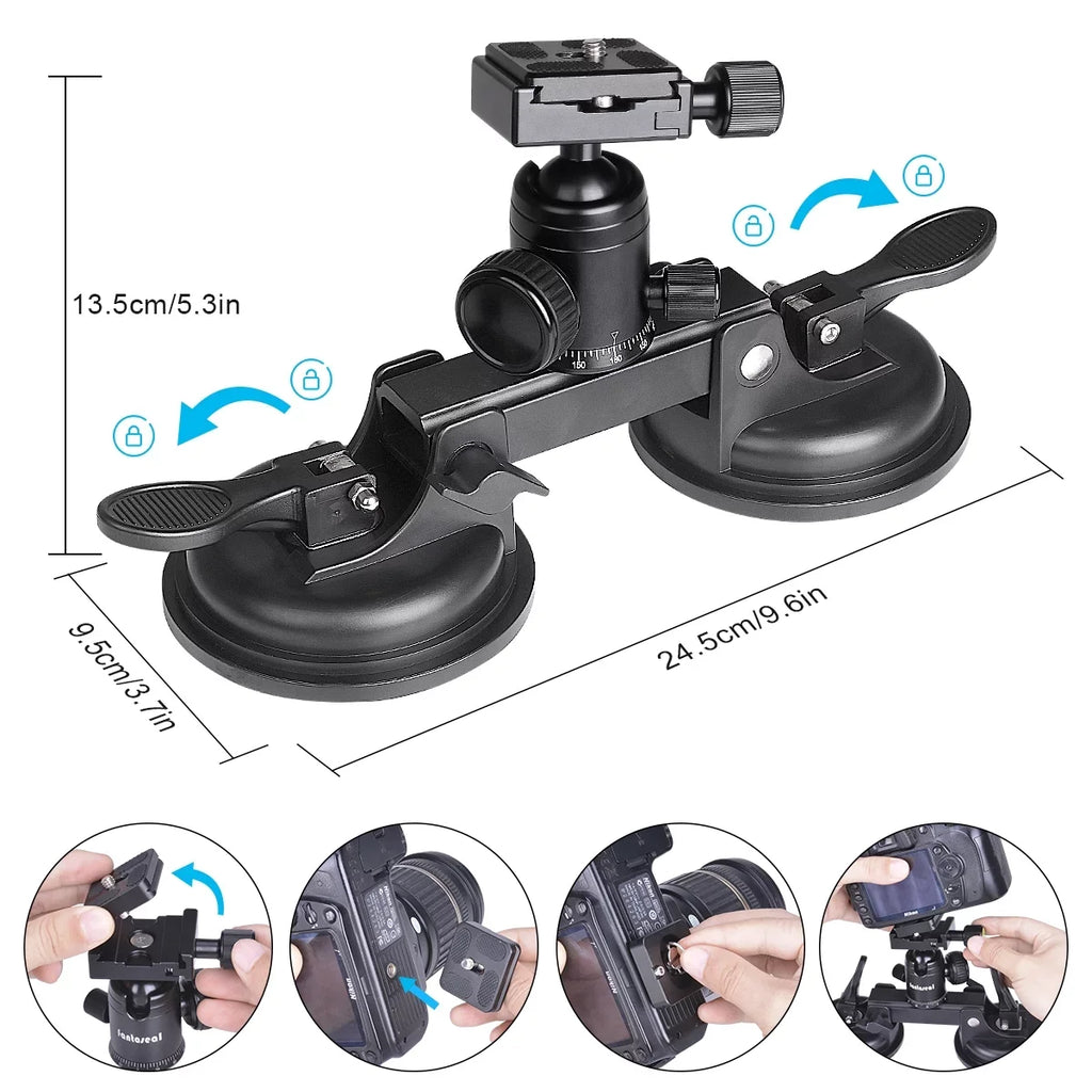 Heavy Duty (20 lbs Load)  Mirorrless Camera Suction Cup Car Mount Camcorder Vehicle Holder 360° Ball Head Compatible with Nikon Canon Sony