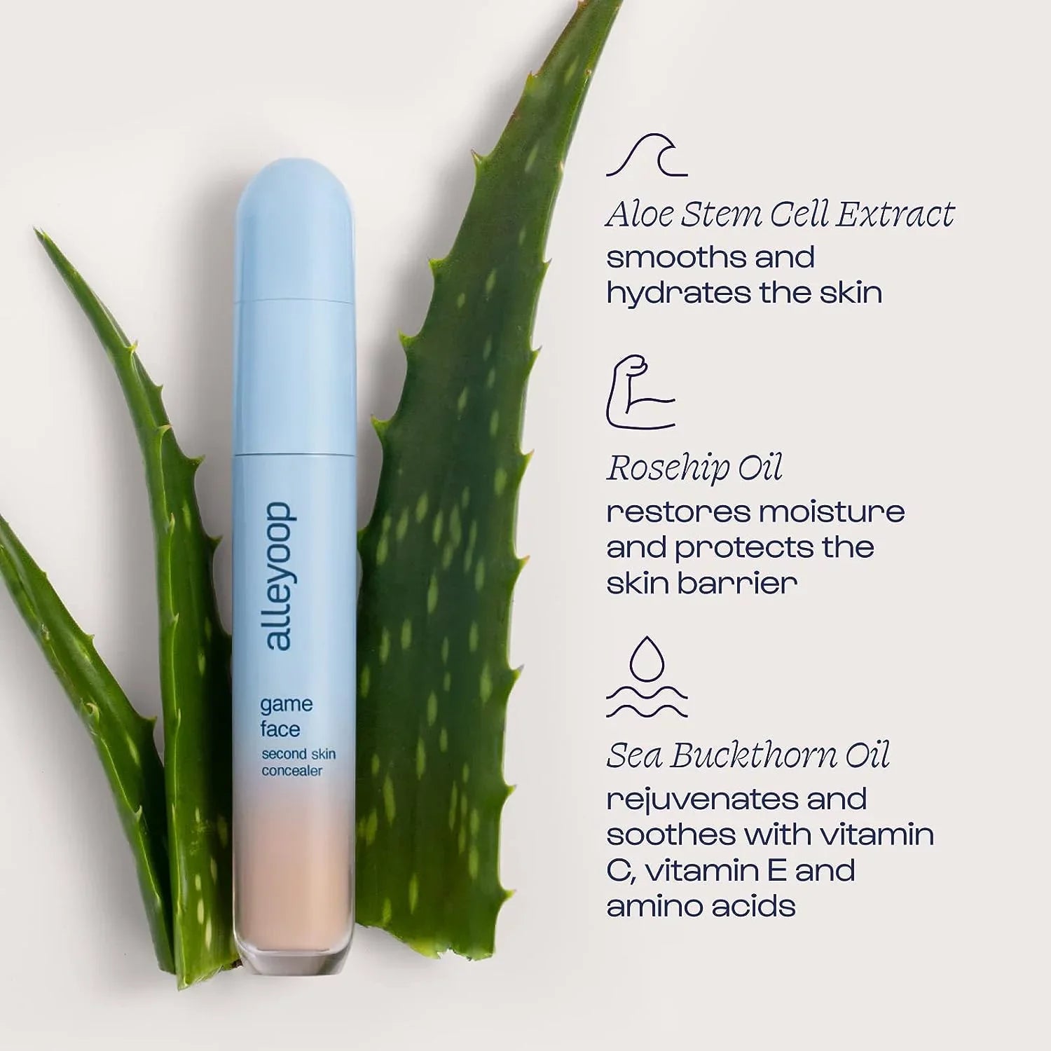 Alleyoop Game Face Concealer Makeup, Lightweight to Medium Buildable Coverage Under Eye Concealer, For Blemishes, Crease-proof and Hydrating with Aloe Stem Cell, Smooth Second Skin Finish -