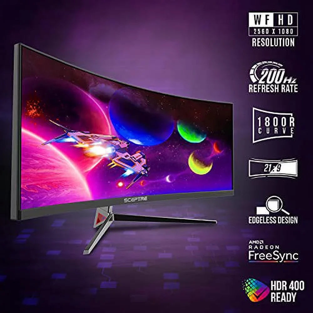 Sceptre 30-inch Curved Gaming Monitor 21:9 2560x1080 Ultra Wide Ultra Slim  DisplayPort up to 200Hz Build-in Speakers, Metal Black (-200UN1)