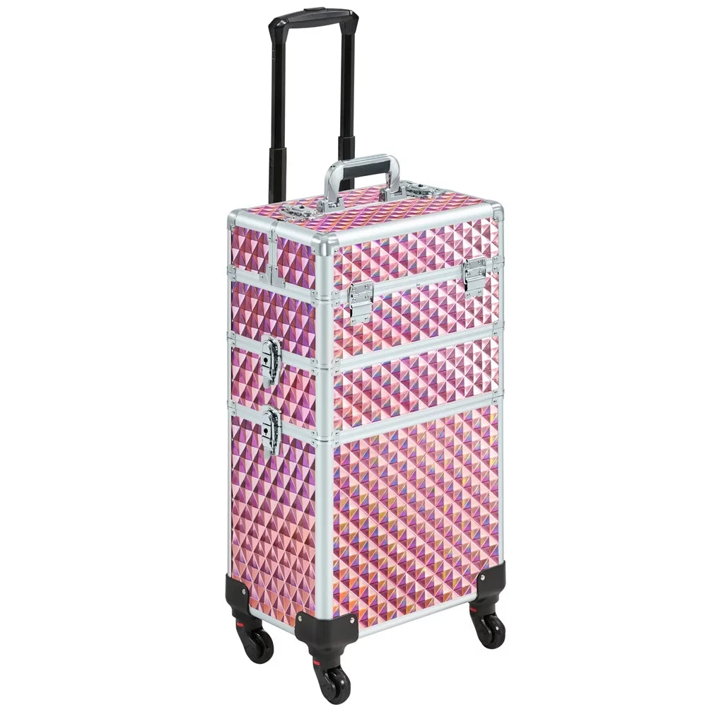 Topeakmart 3-in-1 Rolling Makeup Train Case Cosmetic Trolley with Large Storage, Pink