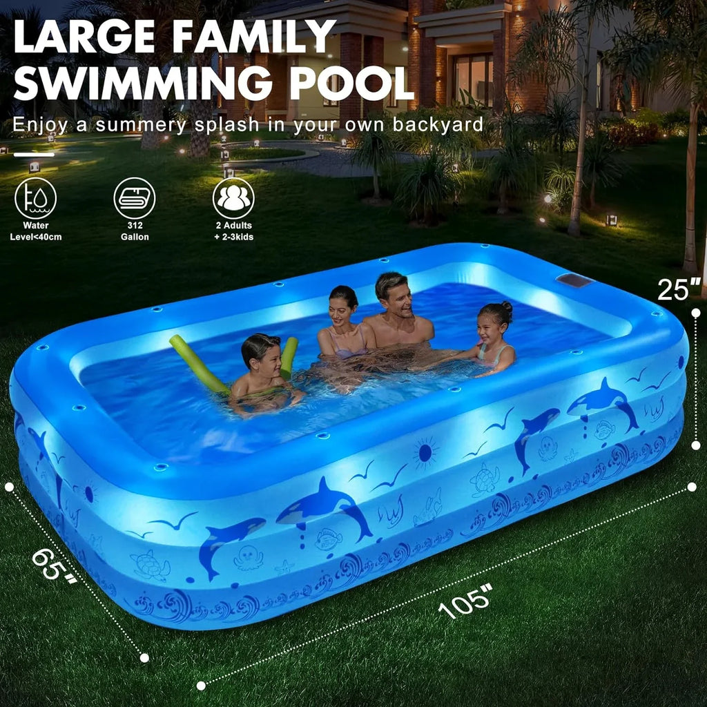 Inflatable Pool with Lights, 2024 Upgraded Family Inflatable Swimming Pool for Kids,Adults, Blow up Pool Solar Powered, Large Kiddle Pool, 105"x65"x25''Oversized Thickened Pool for Backyard