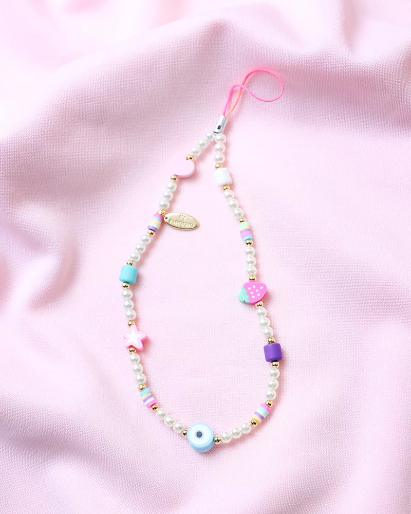 Il Mare con Me Phone Strap in Freshwater Pearls Star Strawberry Heart and Nazar Charms