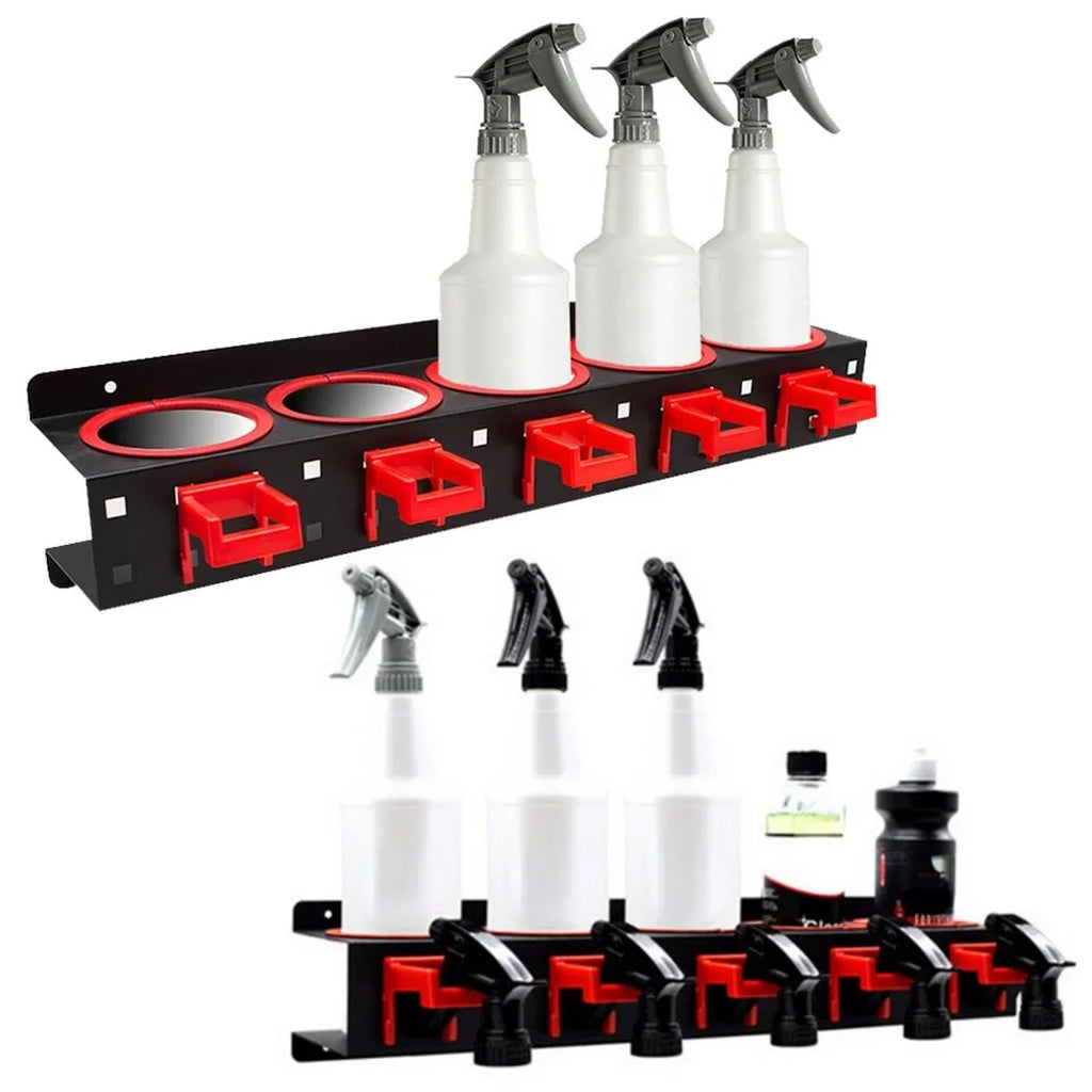 2Pcs Spray Bottle Storage Racks, Squeeze Bottle Holders, Wall Mount Organizers with 5 Holes & 5 Hooks, Auto Cleaning Detailing Tools Hangers, Car Beauty Shop Accessories