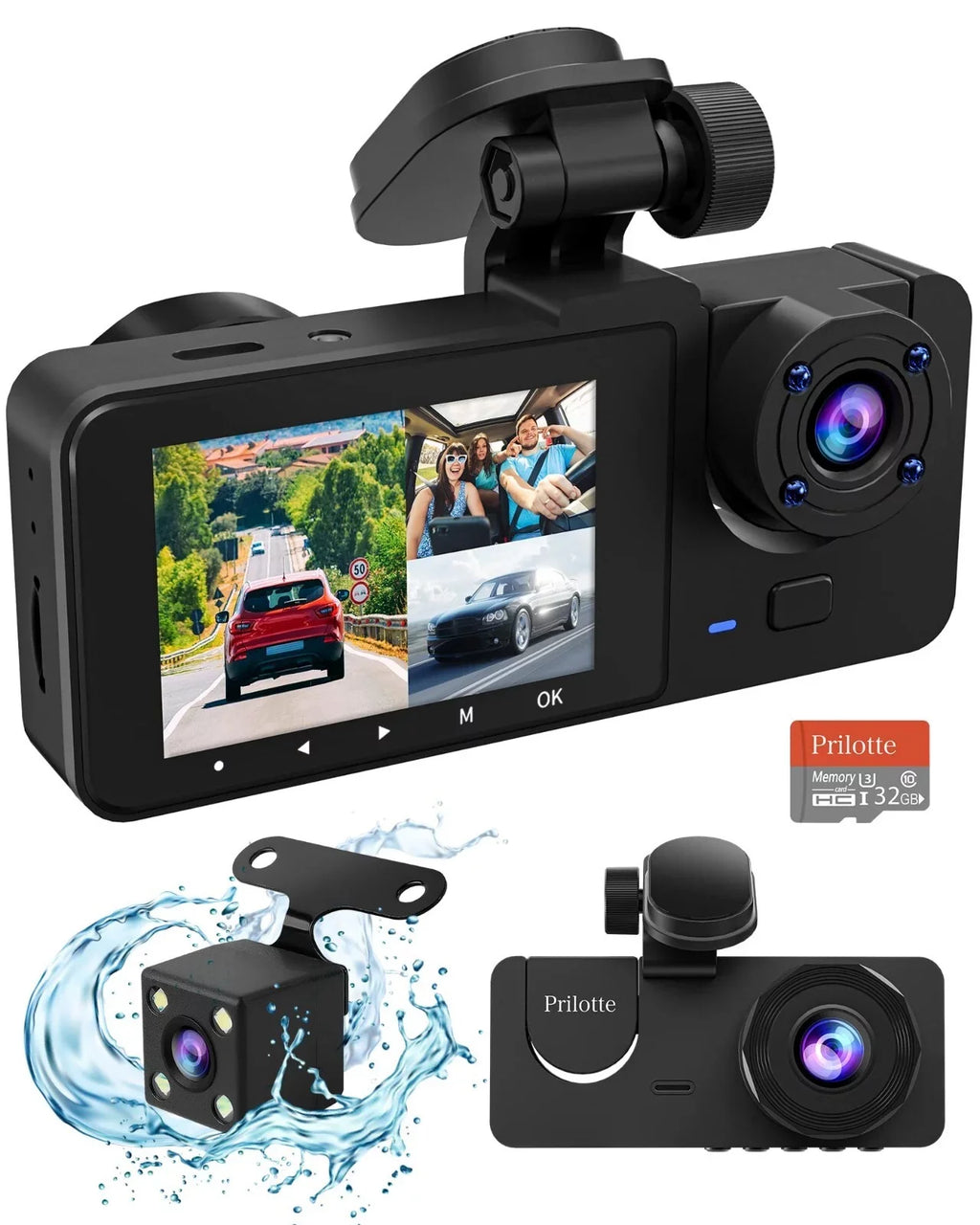Dash Cam for Car, 1080P 3 Channel Front & Rear Inside Dash Camera, Super Night Vision, Parking Monitor, Loop Recording, with 32GB  Card