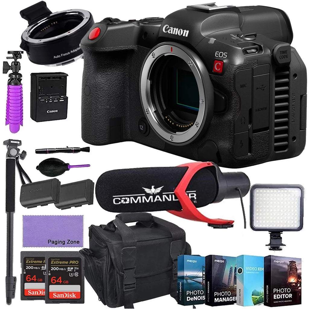 Canon    Mirrorless Cinema Camera (Body Only) and Mount Adapter -  Bundle + Deluxe Accessories Like Pro Microphone, High Power , 4-Pack Photo Editing Software and More