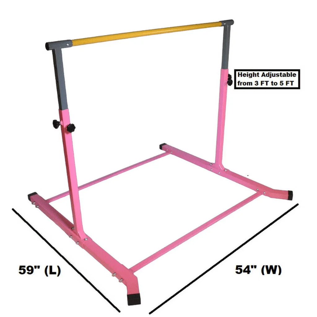 5 Star- Pink Gymnastic Kip Bar - Adjustable 3-5FT Junior Training Equipment, Heavy Duty Horizontal Bar with Curved Legs for Kids Home Gym, Strong and Durable