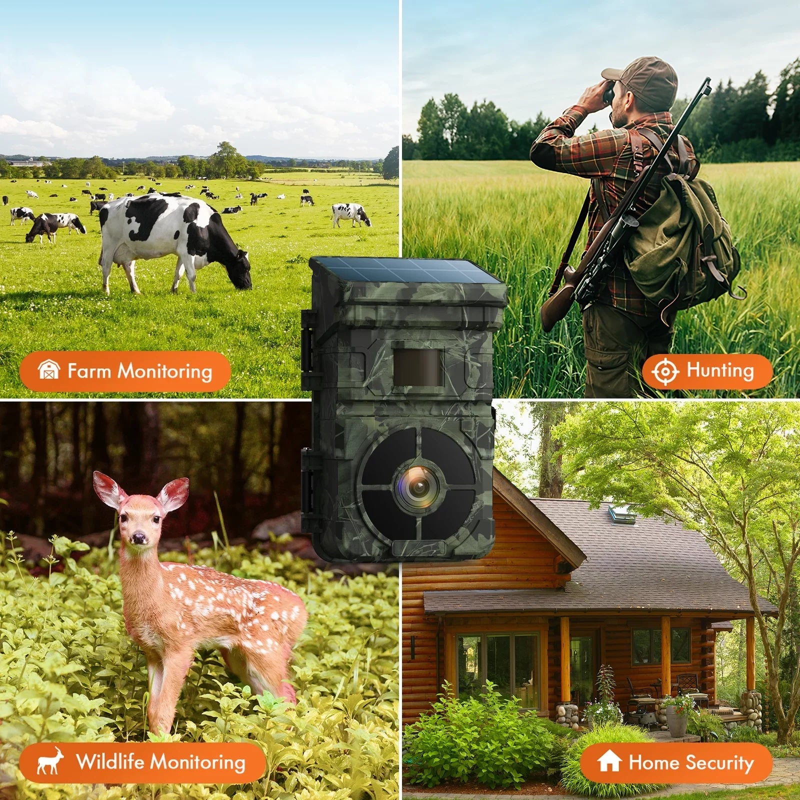 Solar Trail Camera 24MP 1080P 2500mAh Built-in Lithium Battery Rechargeable Game Camera with Night Vision Waterproof  0.1s Trigger Speed 120°Wide Angle 2.0"  Hunting Cam with  Card