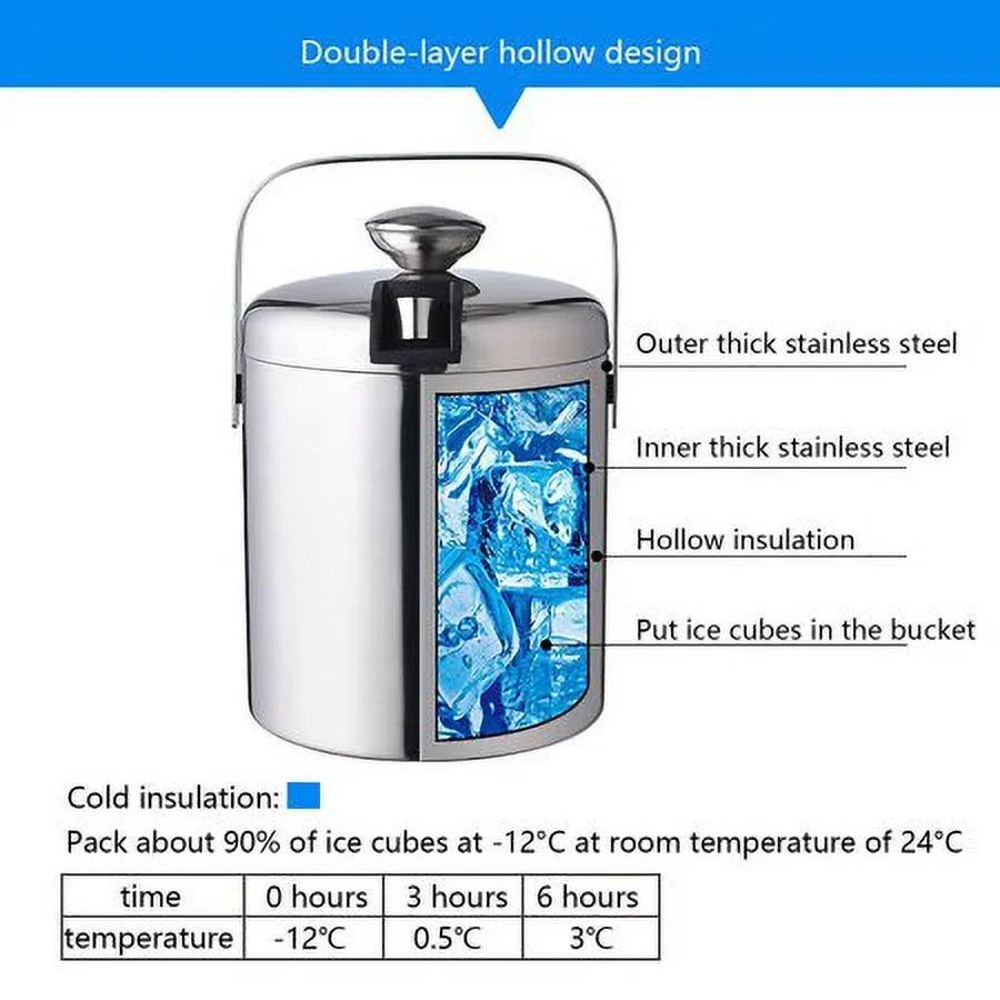 Double-Wall Stainless-Steel Insulated Ice Bucket With Lid & Ice Tong 1300