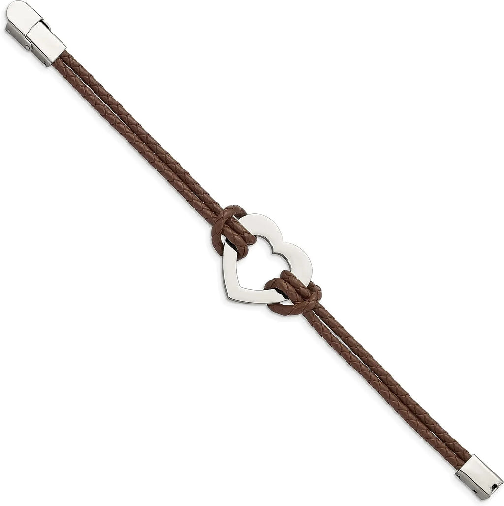 Chisel Stainless Steel Polished Heart Brown Braided Leather Bracelet - 7.5"