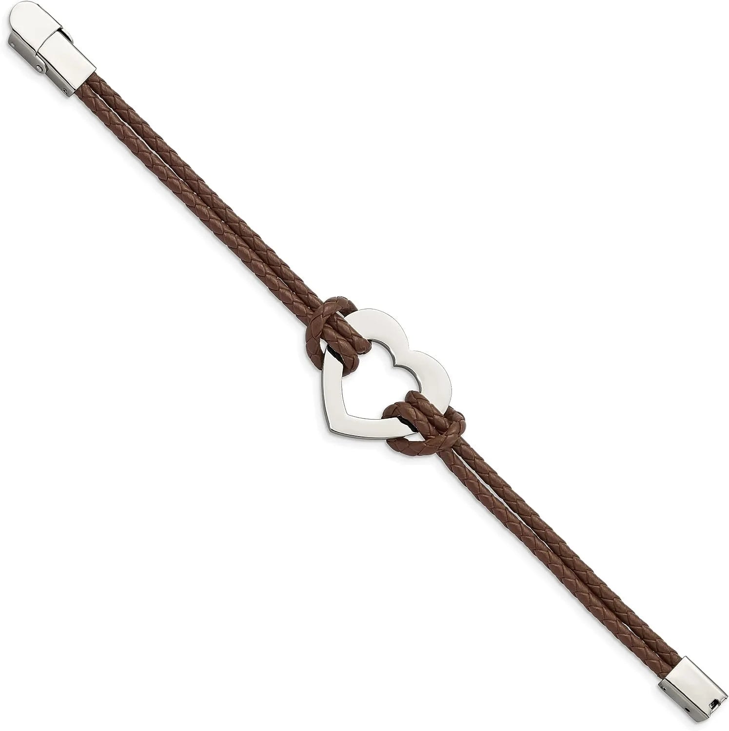 Chisel Stainless Steel Polished Heart Brown Braided Leather Bracelet - 7.5"