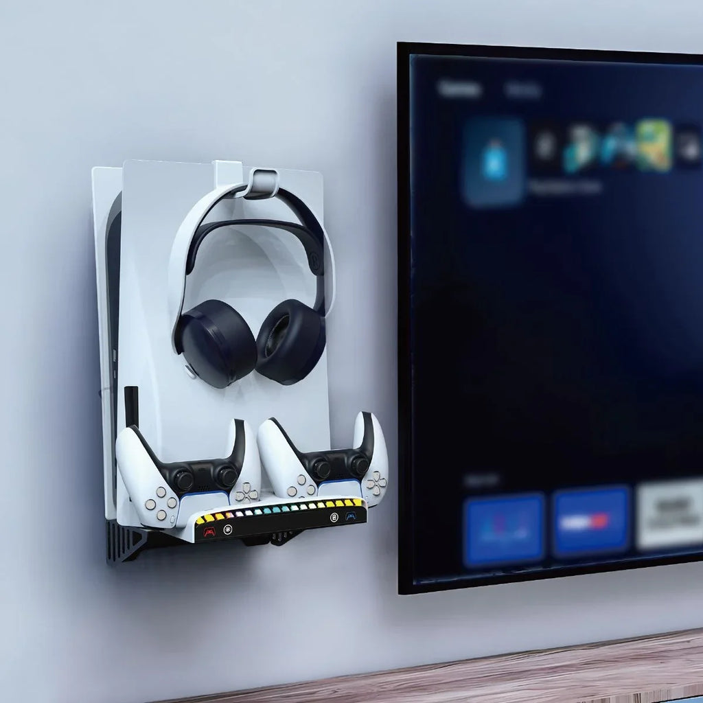 Multi-Functional Wall Mount Bracket for PlayStation Slim Console with Controller Charging Dock-Black White