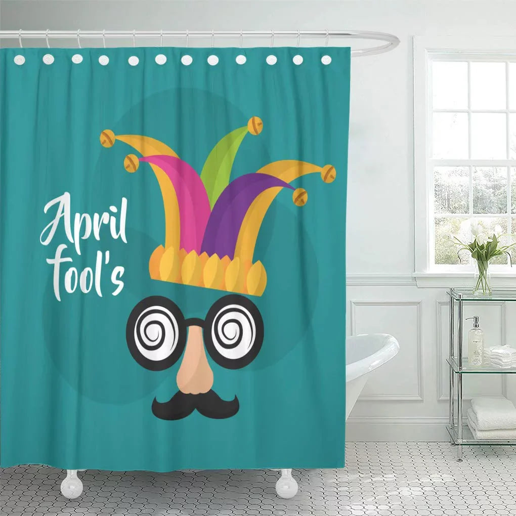 Absurd April Fools Mask Mustache Silly Glasses and Hat Advert Shower Curtain 60x72 inch