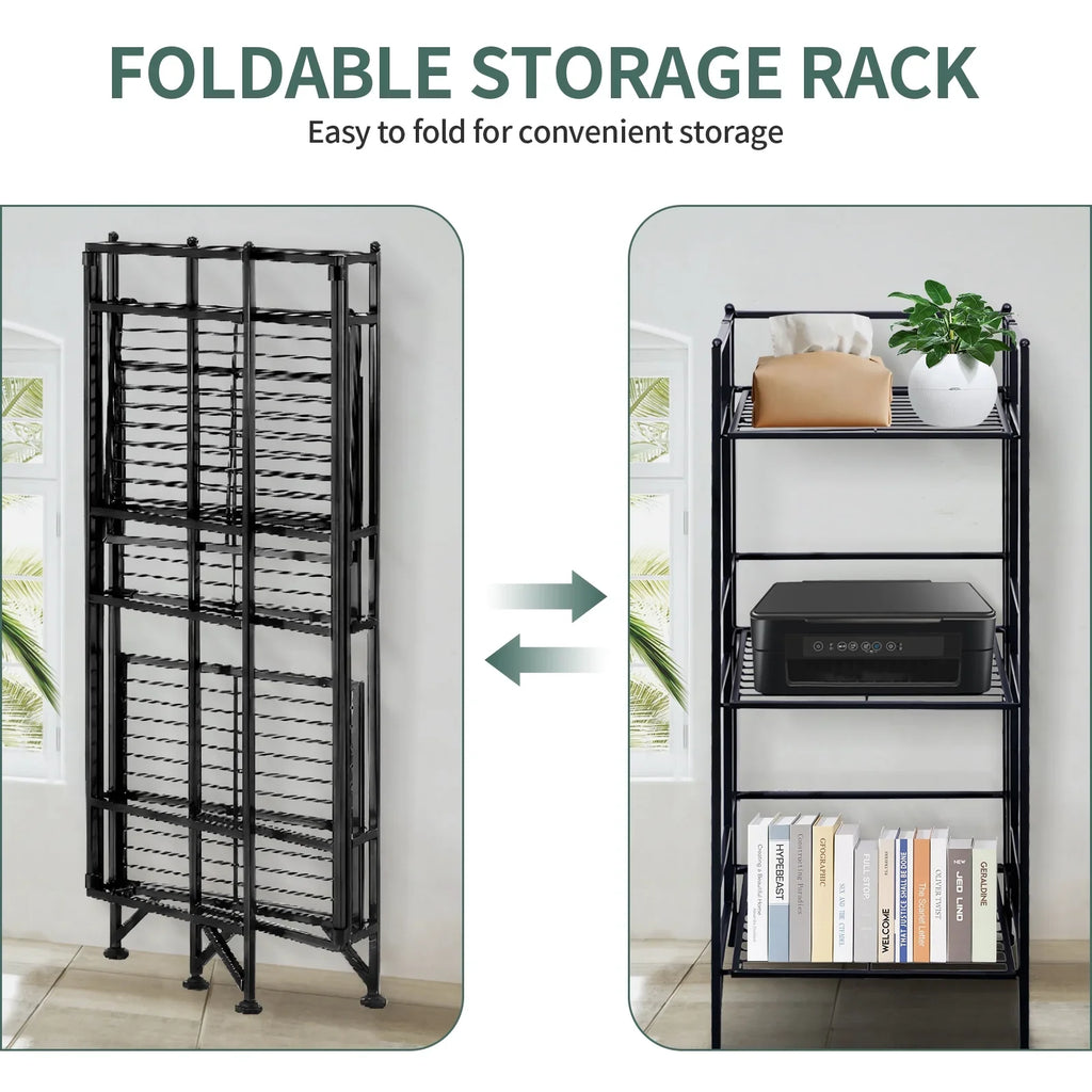 3 Tier Wide Folding Metal Shelf, Metal Storage Rack, 13 x 11 x 33" Wire Shelving Unit, Heavy Duty Kitchen Organizer Shelf, Black