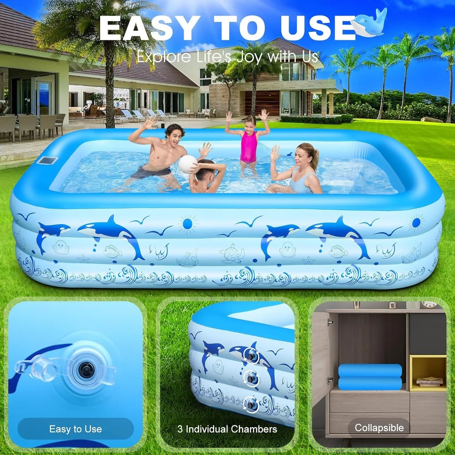 Inflatable Pool with Lights, 2024 Upgraded Family Inflatable Swimming Pool for Kids,Adults, Blow up Pool Solar Powered, Large Kiddle Pool, 105"x65"x25''Oversized Thickened Pool for Backyard