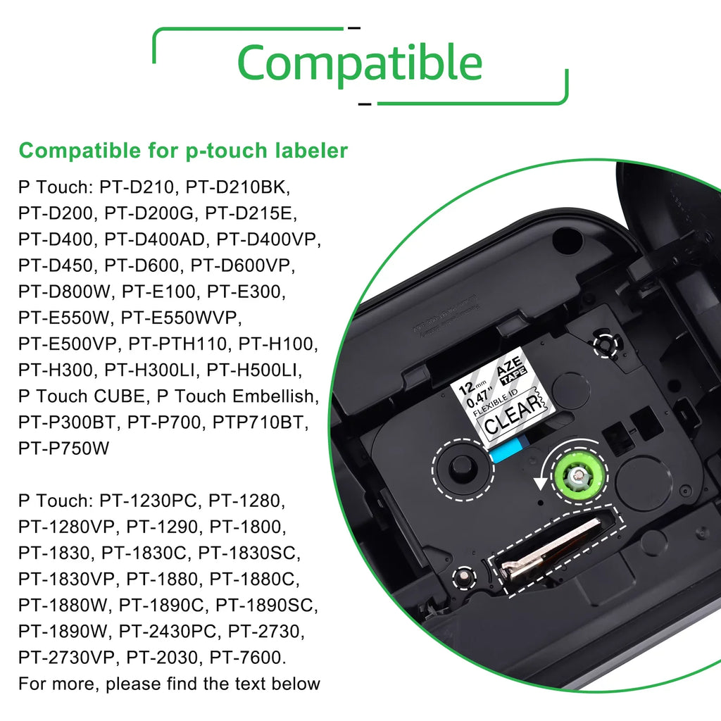100PK Compatible for Brother -touch 12mm x 8m Black on Clear  TZe TZe- - TZe-131 -131 Flexible  Cable Wire Label Tape