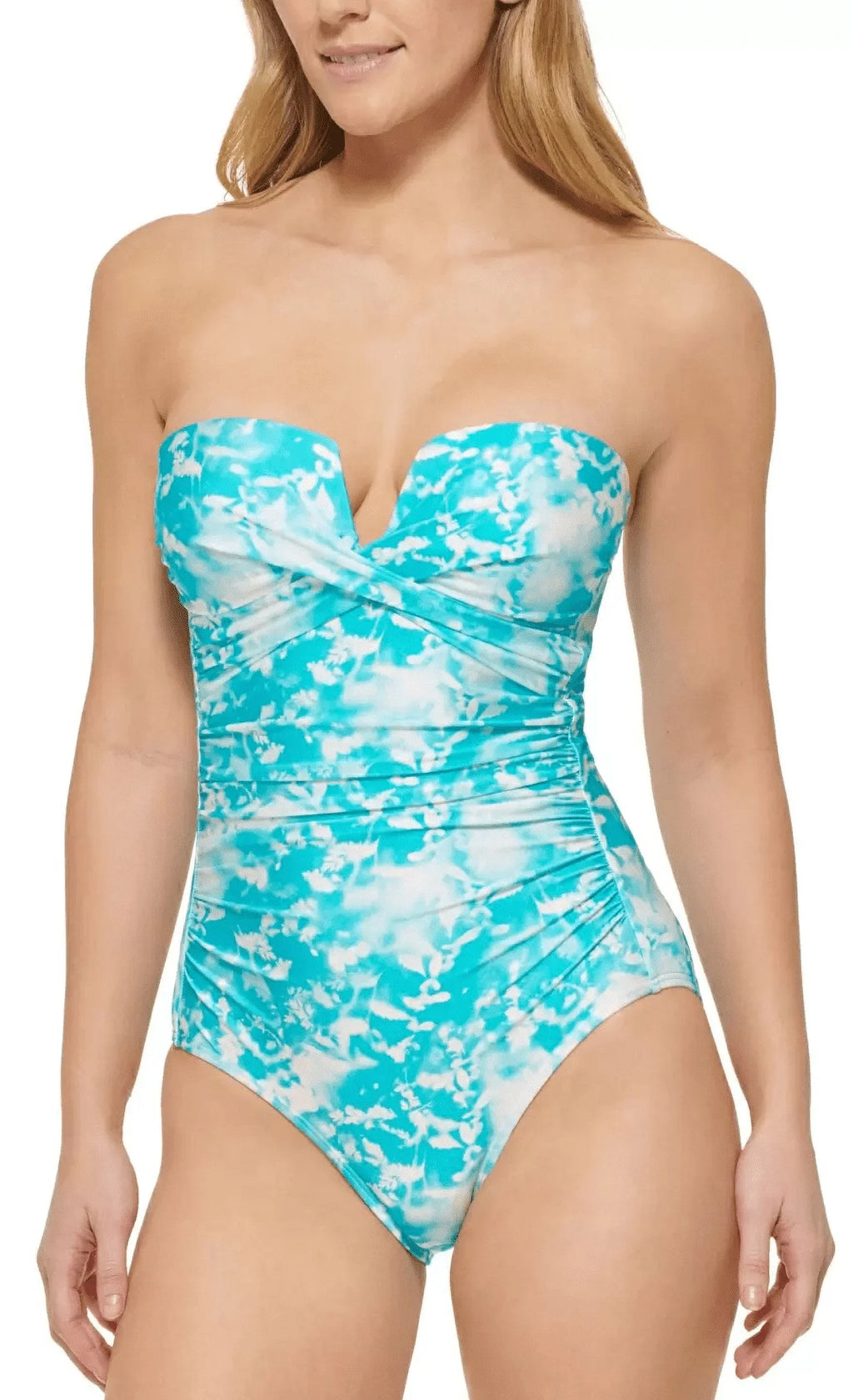 Calvin Klein   Printed -Notch Bandeau One-Piece Swimsuit,  18