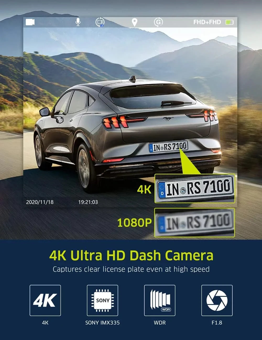 Dash Cam Front Rear, 4K Full  Dash Camera for Cars, Free 64GB Card, Built-in Wi-Fi , 3.16”  Screen, Night Vision, 170°Wide Angle, , 24H Parking Mode