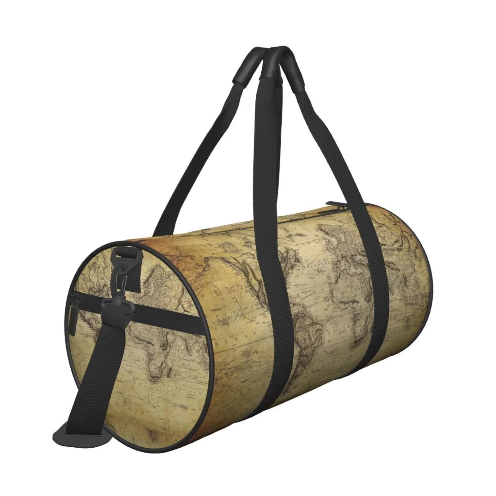 Coaee Vintage World Map Large Capacity Travel Luggage Bag Cylinder Gym Bag Waterproof Sports Bag with Pocket and Compartment