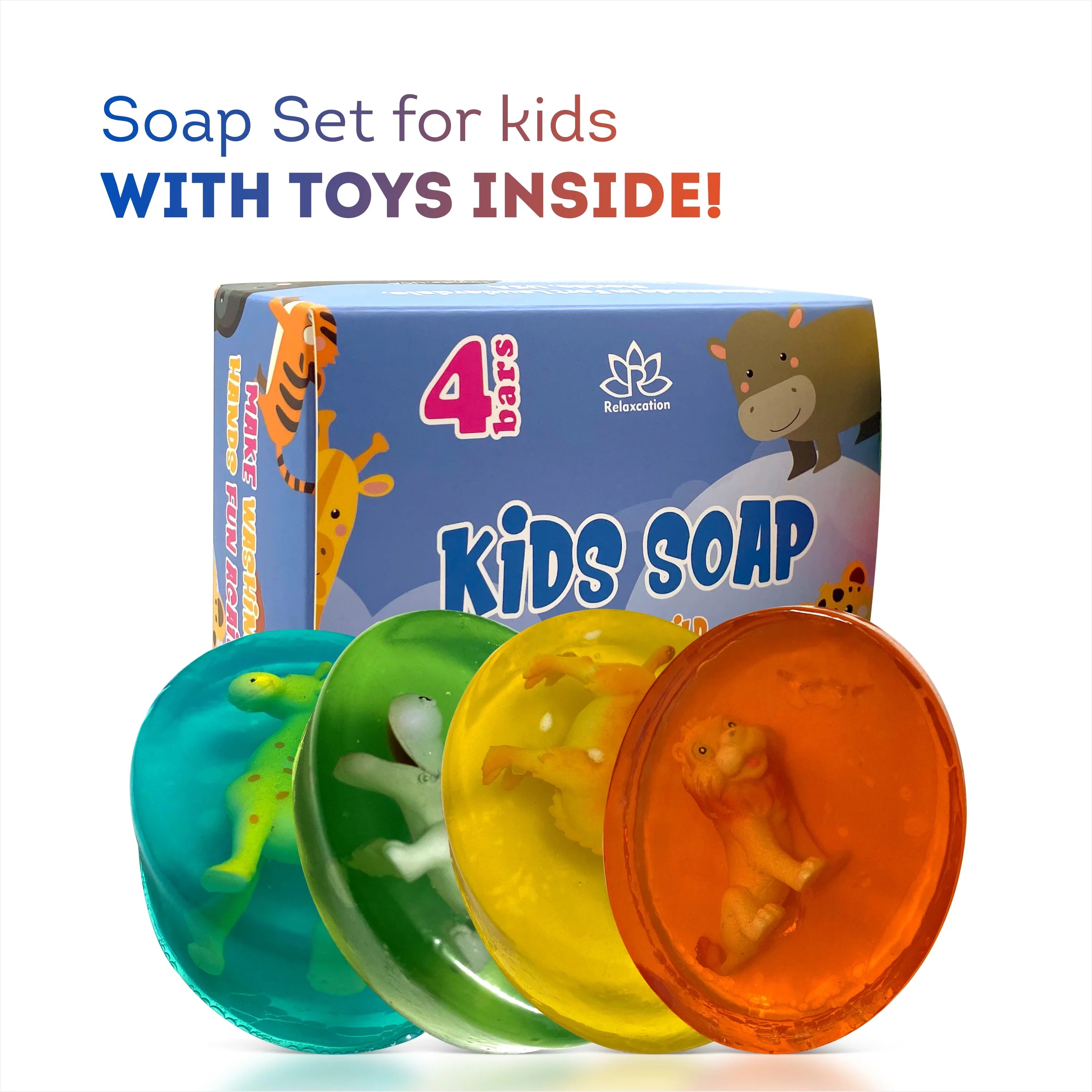 Kids Soap with Toys Inside Funny Animals Surprise Glycerin Soap Bar Collect All 12 Wild Animals Toys Moisturizing Handmade in  Natural and Safe by Relaxcation 4 Set