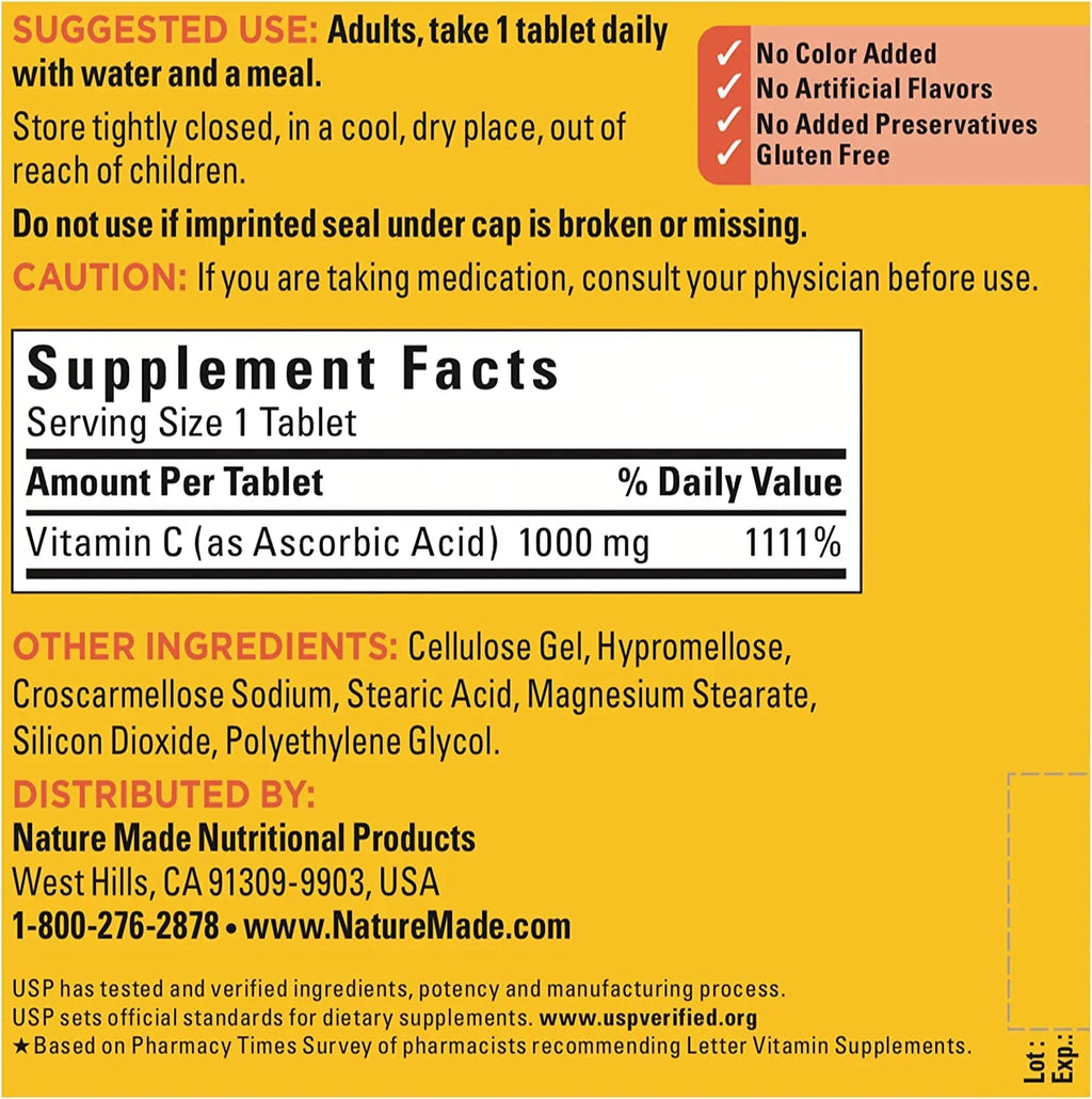 Nature Made Vitamin  1000 mg, Dietary Supplement for Immune Support, 300 Tablets, 300 Day Supply