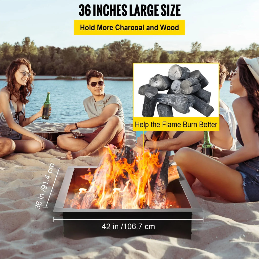 Fire Pit Ring, 36" Square Fire Pit Insert, Heavy Duty Steel Fire Ring,  Bonfire Liner with Tongs Insert with Simple Installation for Outdoor, Patio, Backyard