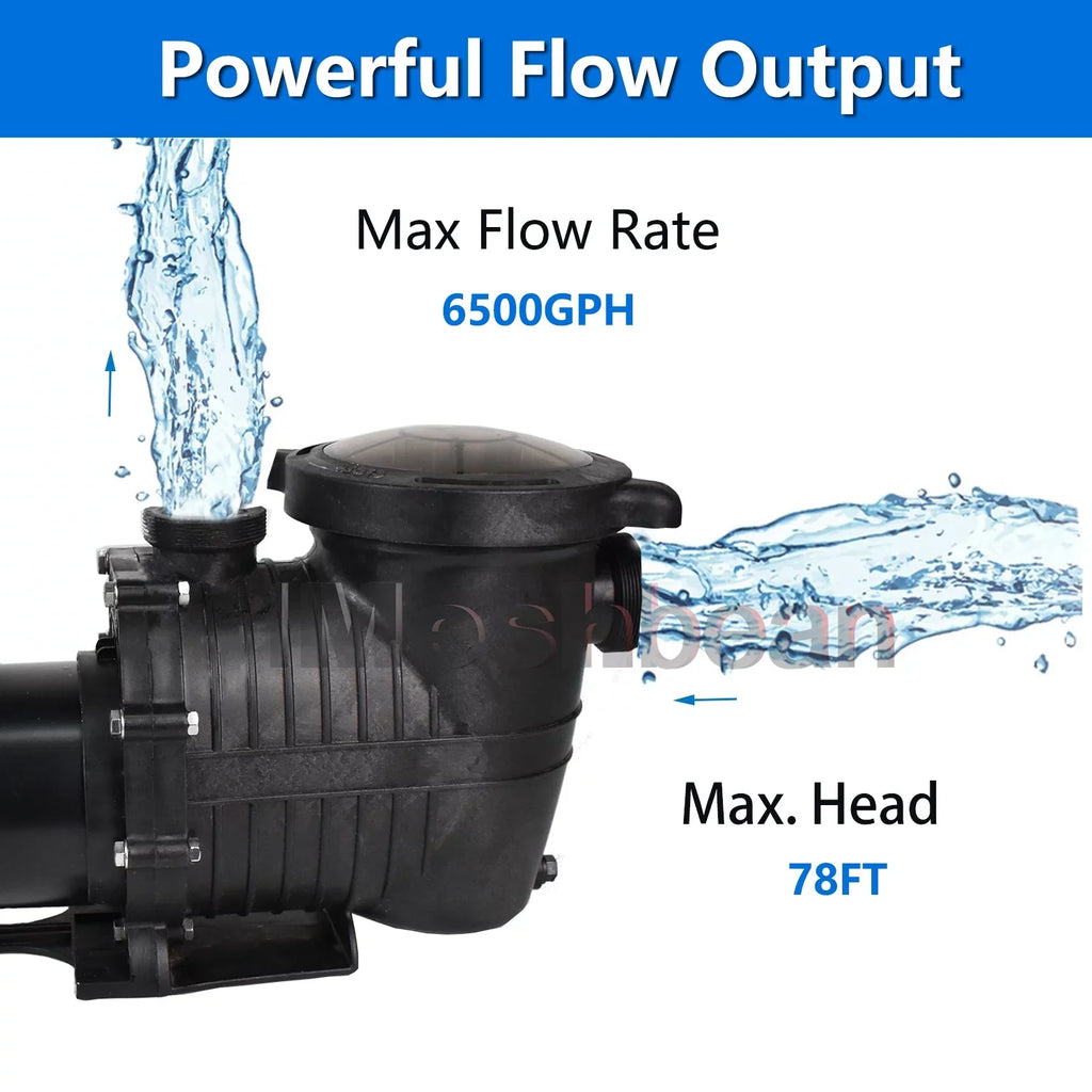 iMeshbean Swimming Pool Pump Above Ground, 2HP Motor, 110V-230V, Single Speed Pump For Above Ground Swimming Pool and Inground Pools, 6500GPH, Head Max 78FT, w/ Strainer Basket &  Connector
