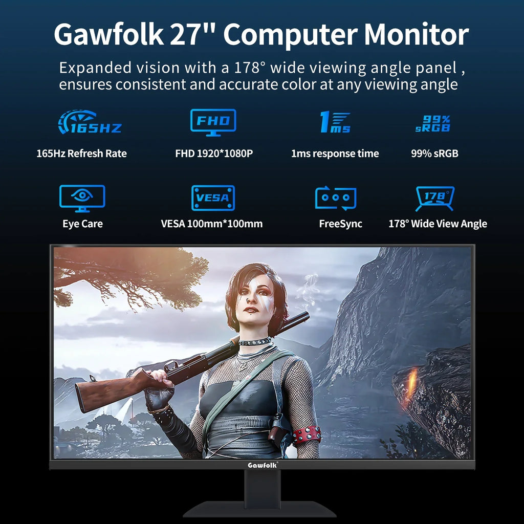 Gawfolk 27"  Gaming Monitor 165Hz, Full  1080P Bezel-less Display Supports  and  (Black)