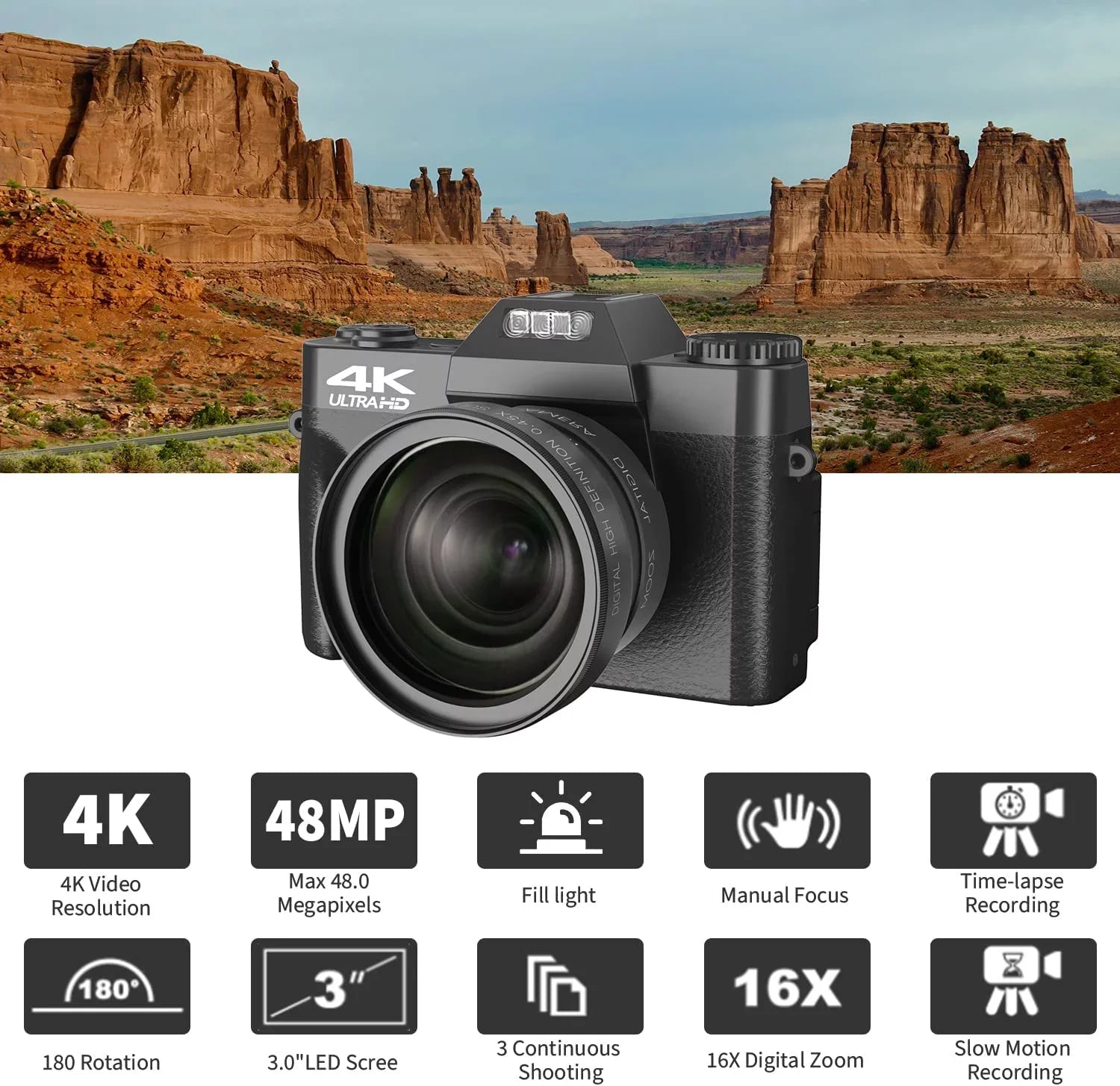 Saneen Digital Camera for Photography and Video 4K 48MP Vlogging Camera for YouTube (Black) - Perfect for Beginners