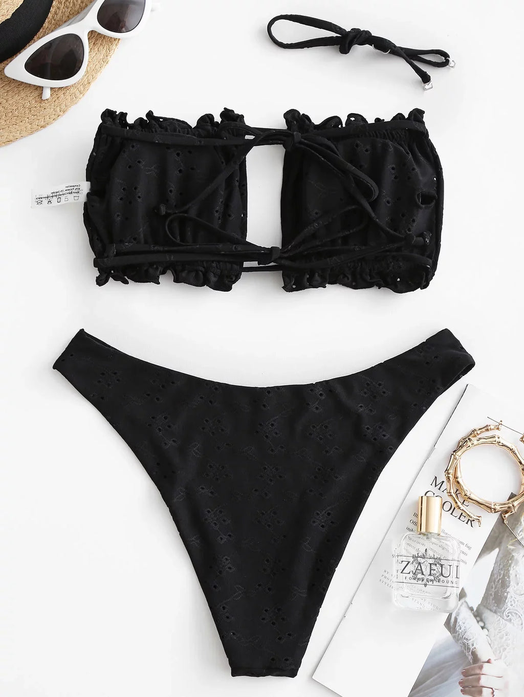 Womens High Cut Bandeau Bikini Sexy Cutout Ribbed Swimsuit 2 Piece Ruffle Tie Bathing Suits