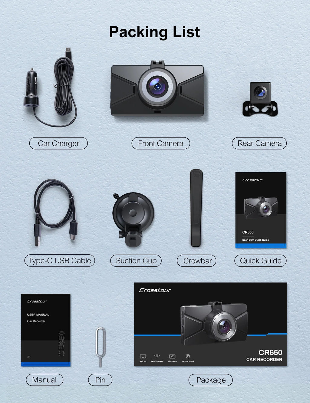 Dash Cam 1080P Full  Front and Rear 3 Inch Car Cam 170°Wide Angle Screen, Black