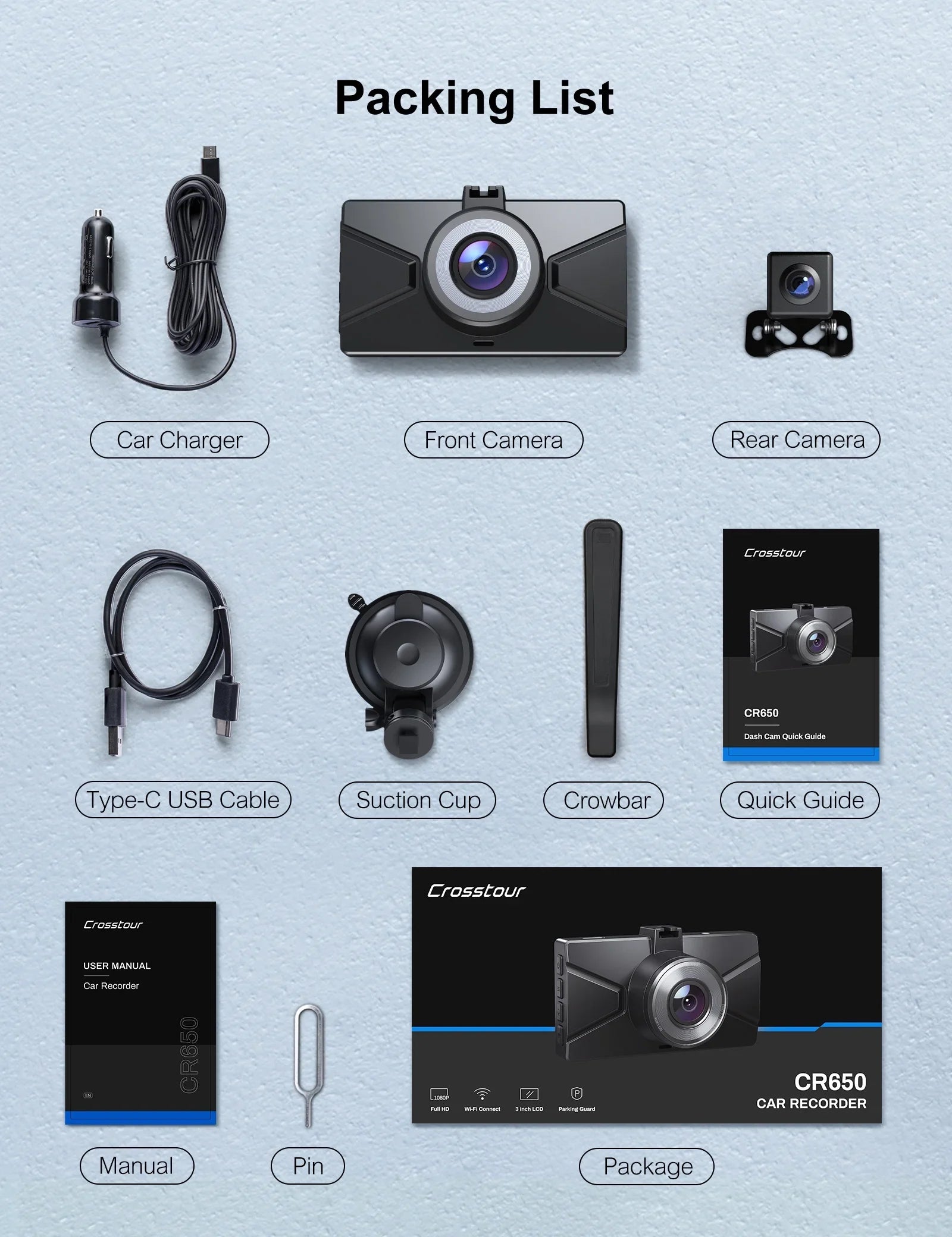 Dash Cam 1080P Full  Front and Rear 3 Inch Car Cam 170°Wide Angle Screen, Black
