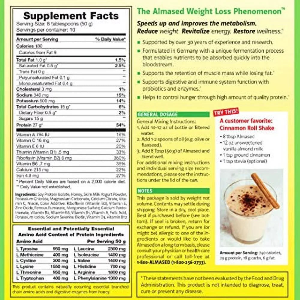 Almased Meal Replacement shakes – Gluten-Free, non- Weight Loss Powder – Vanilla Flavor, 17.6 oz (2 pack)